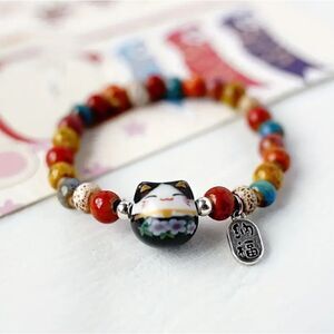 New! Lucky Cat Beaded Ceramic Bracelet in Black